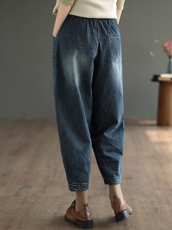 Pantalon de denim Harem à élasticité brodée décontractée