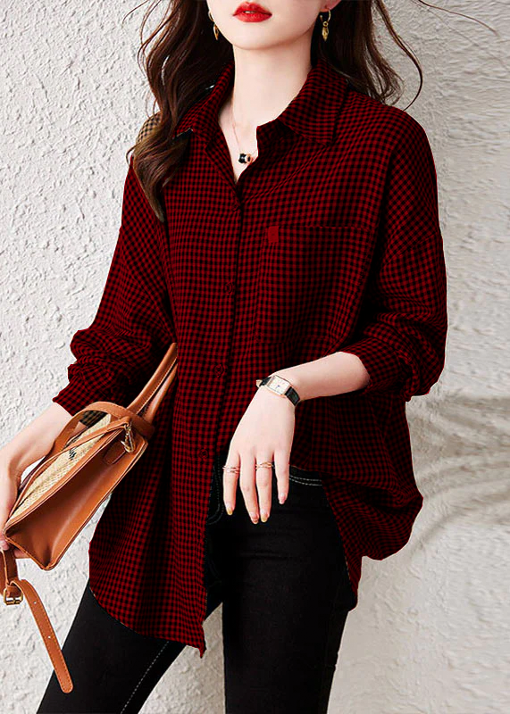 Plaid surdimensionné Peter Pan Collar Pockets Patchwork Coton Shirts Long Manneve