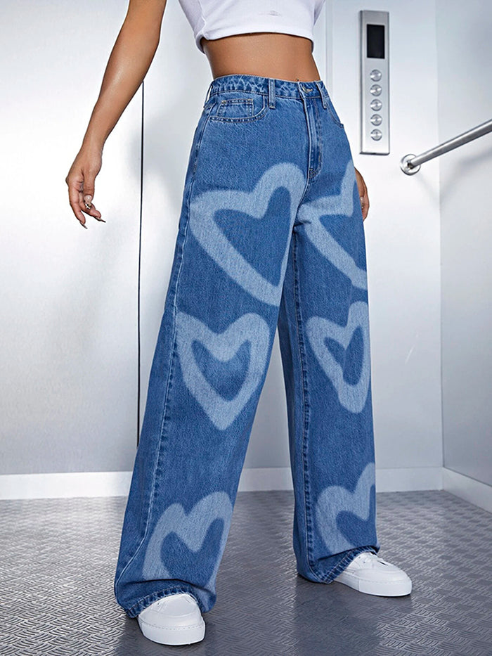 Pantalon de denim de la jambe large imprimée en forme de cœur urbain imprimé