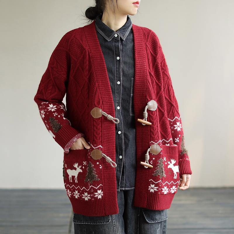 Aesthetic Red knit jacket Loose fitting Loose Deer Print knit outwear - SooLinen