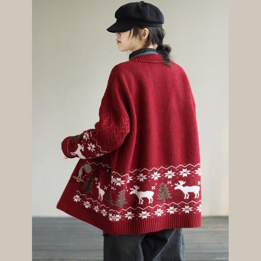 Aesthetic Red knit jacket Loose fitting Loose Deer Print knit outwear - SooLinen