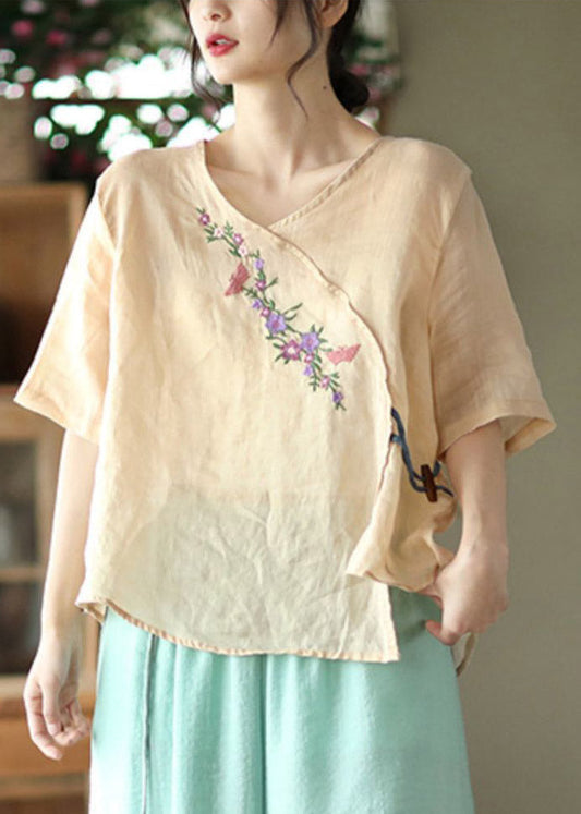 Apricot Asymmetrical Drawstring Linen T Shirt Half Sleeve