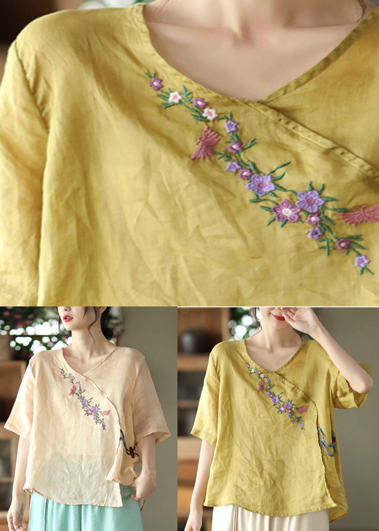 Apricot Asymmetrical Drawstring Linen T Shirt Half Sleeve