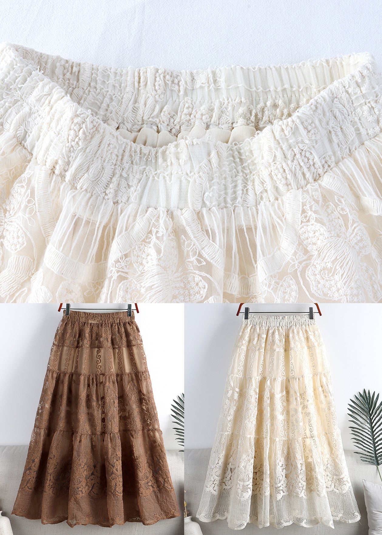 Apricot Elastic Waist Tulle A Line Skirt Fall