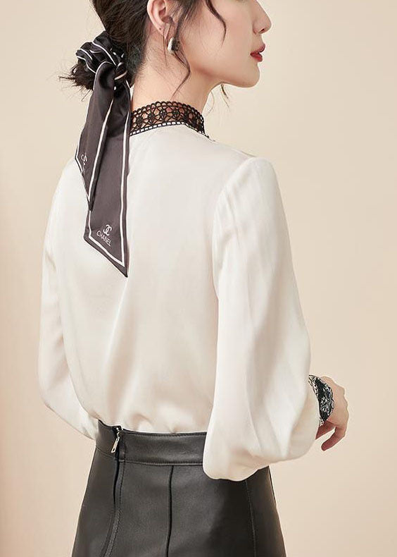 Apricot Lace Patchwork Chiffon Shirts Stand Collar Long Sleeve