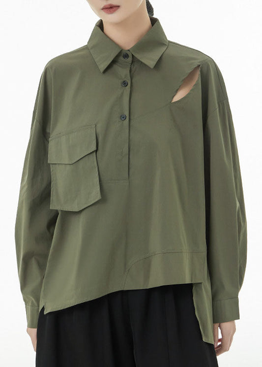 Army Green Patchwork Coton Ripped Shirts Asymétrical Spring