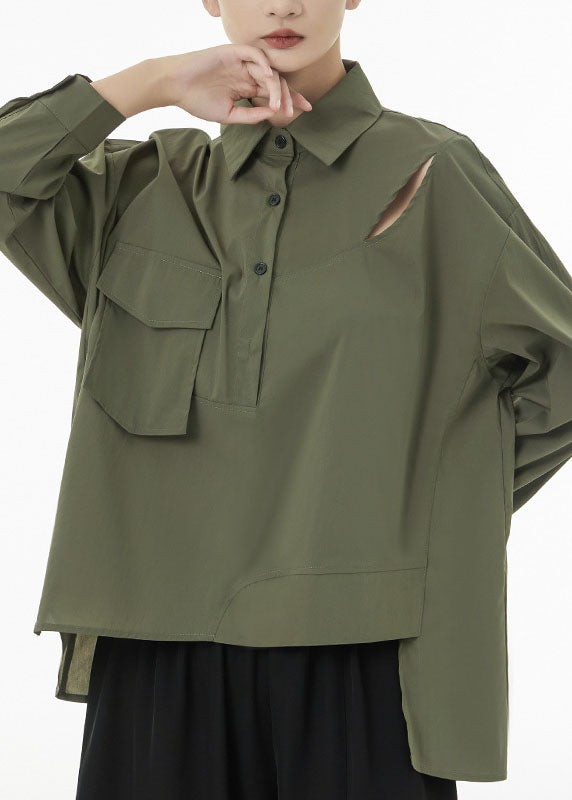 Army Green Patchwork Coton Ripped Shirts Asymétrical Spring