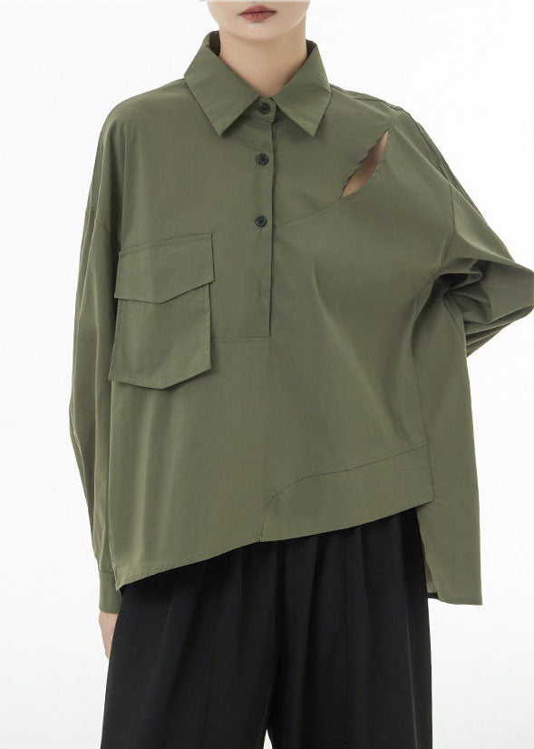 Army Green Patchwork Coton Ripped Shirts Asymétrical Spring