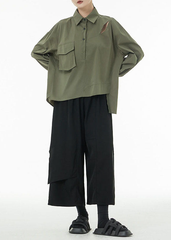 Army Green Patchwork Coton Ripped Shirts Asymétrical Spring