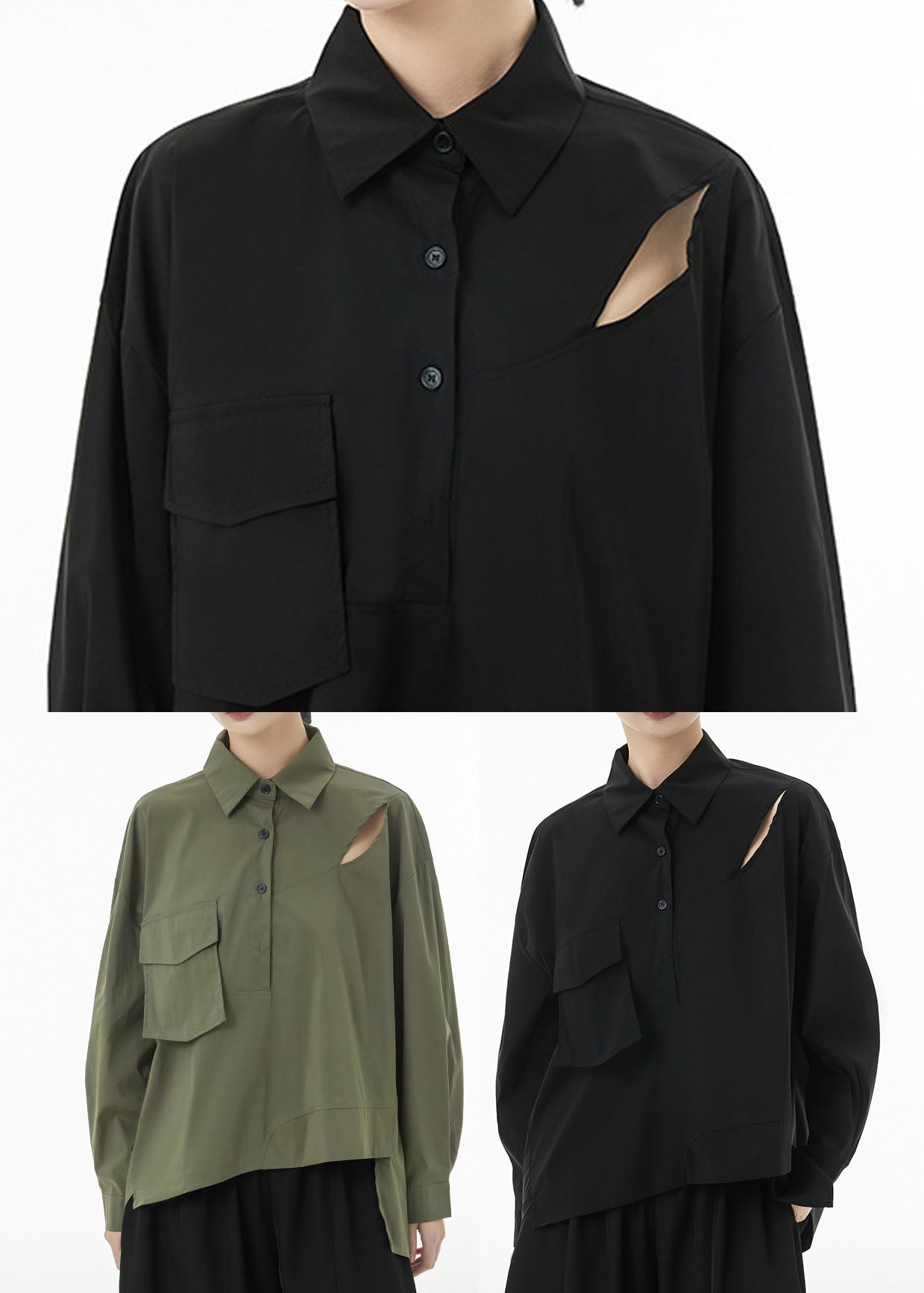 Army Green Patchwork Coton Ripped Shirts Asymétrical Spring