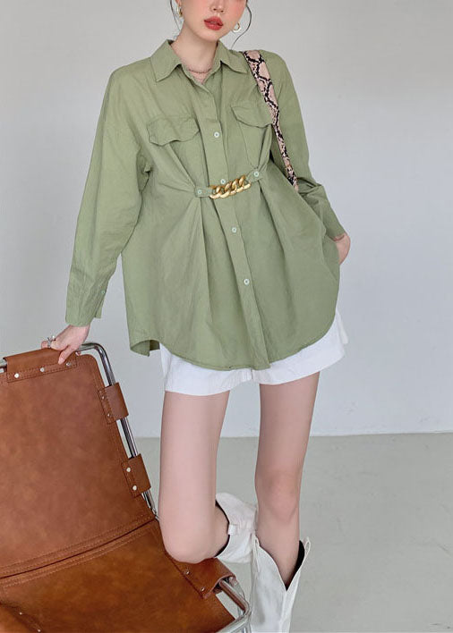 Army Army Green Patchwork Patchwork Cotton Shirt Tops Spring