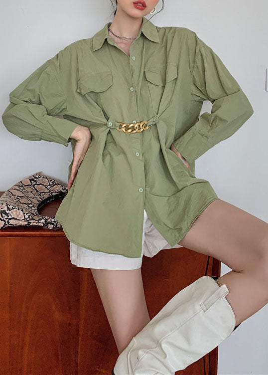 Army Army Green Patchwork Patchwork Cotton Shirt Tops Spring