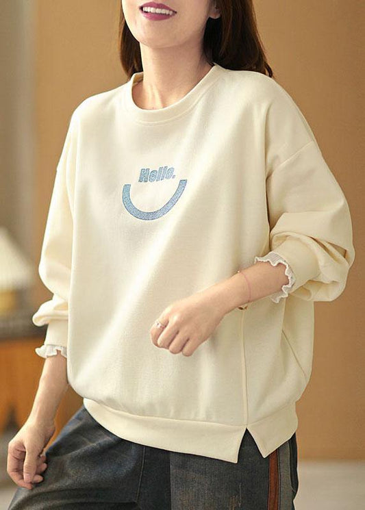 Art Beige O-Neck Graphic Ruffled Fall Sweatshirts Top - SooLinen