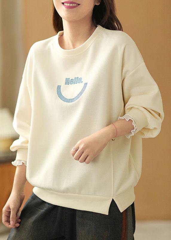 Art Beige O-Neck Graphic Ruffled Fall Sweatshirts Top - SooLinen