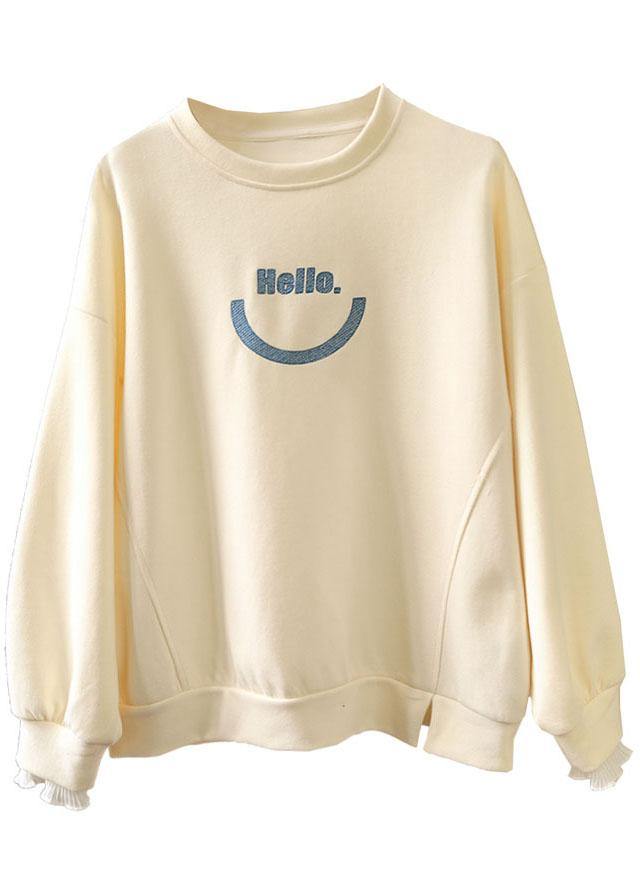 Art Beige O-Neck Graphic Ruffled Fall Sweatshirts Top - SooLinen