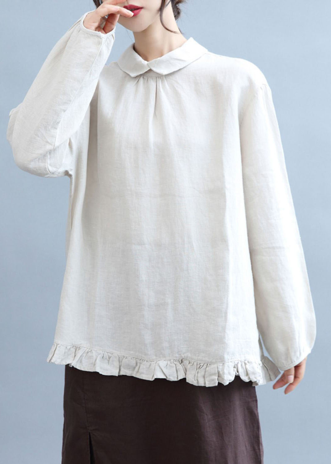 Art beige Peter Pan Collar Ruffles Linn Shirt Top Fall