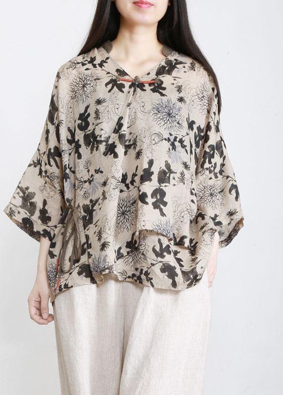 Art Beige Print Oriental Ramie Shirts Fall - SooLinen