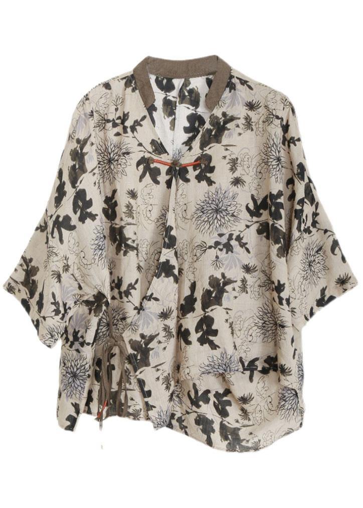 Art Beige Print Oriental Ramie Shirts Fall - SooLinen