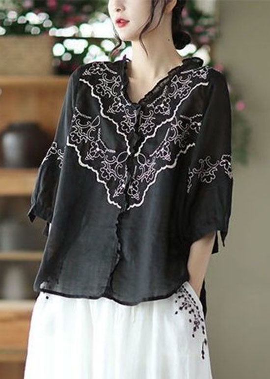 Art Black Broideried Patchwork Linen Tops Summer