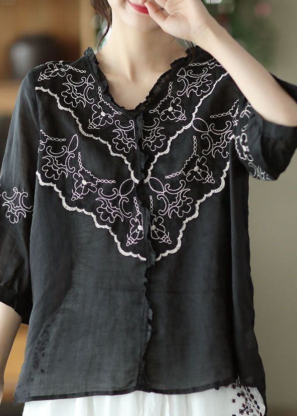 Art Black Broideried Patchwork Linen Tops Summer