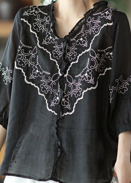 Art Black Broideried Patchwork Linen Tops Summer