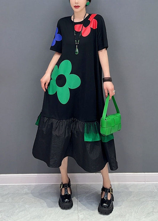 Art Black Floral Patchwork Ruffles Cotton Long Robes Summer