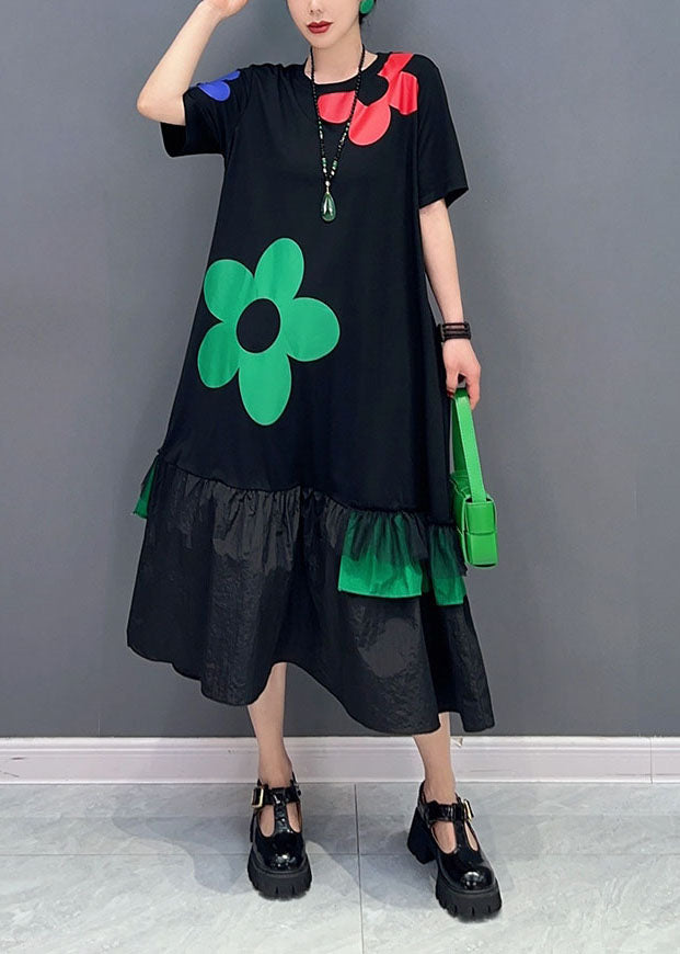 Art Black Floral Patchwork Ruffles Cotton Long Robes Summer