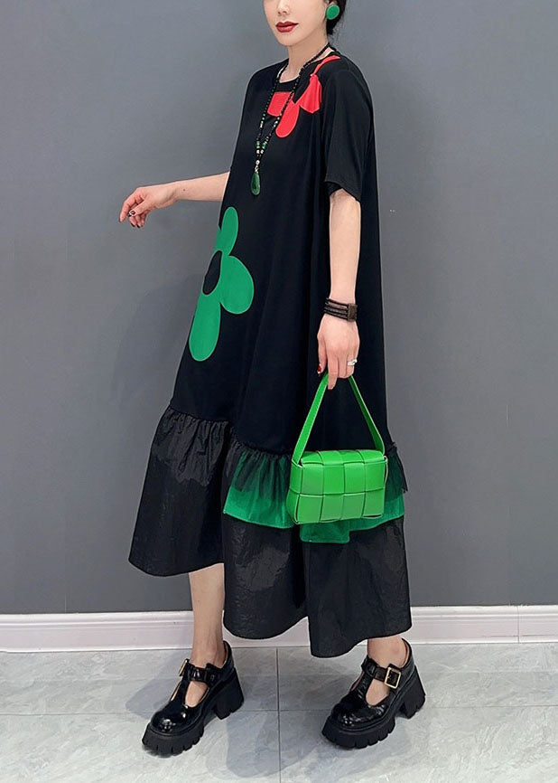 Art Black Floral Patchwork Ruffles Cotton Long Robes Summer