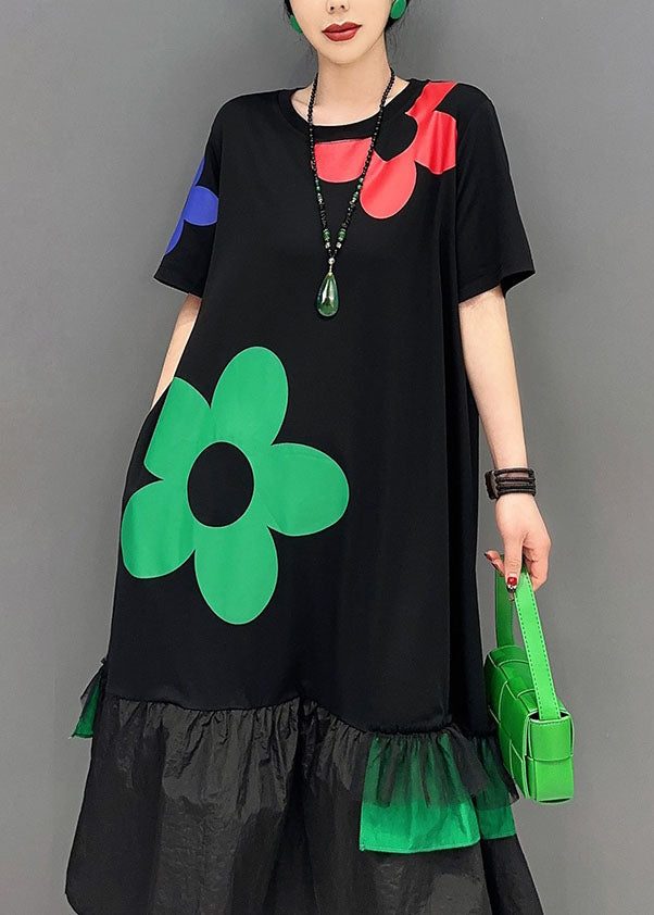 Art Black Floral Patchwork Ruffles Cotton Long Robes Summer