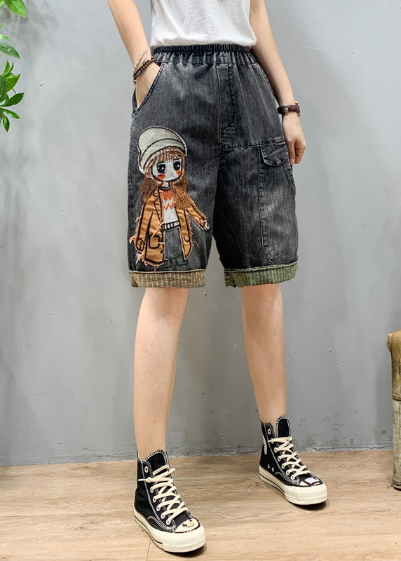 Art Black Grey Elastic Taist Cartoon Girl Girl Denim Shorts Summer