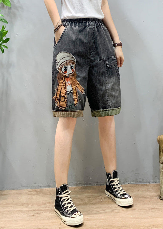 Art Black Grey Elastic Taist Cartoon Girl Girl Denim Shorts Summer