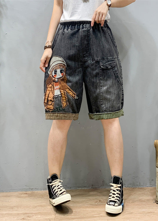 Art Black Grey Elastic Taist Cartoon Girl Girl Denim Shorts Summer