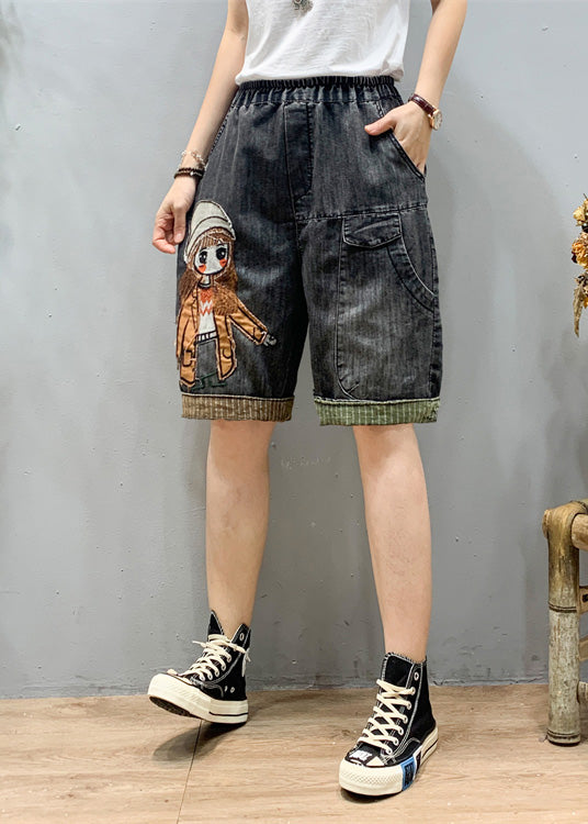 Art Black Grey Elastic Taist Cartoon Girl Girl Denim Shorts Summer