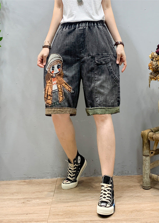 Art Black Grey Elastic Taist Cartoon Girl Girl Denim Shorts Summer