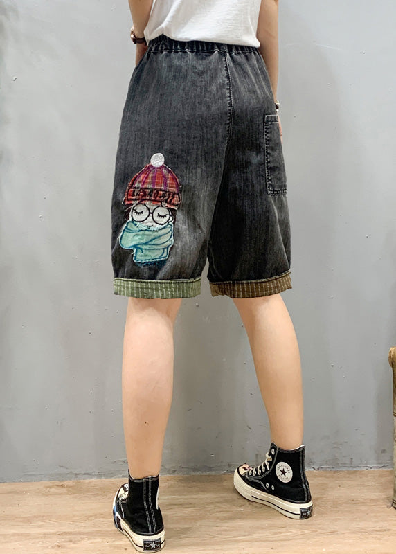 Art Black Grey Elastic Taist Cartoon Girl Girl Denim Shorts Summer