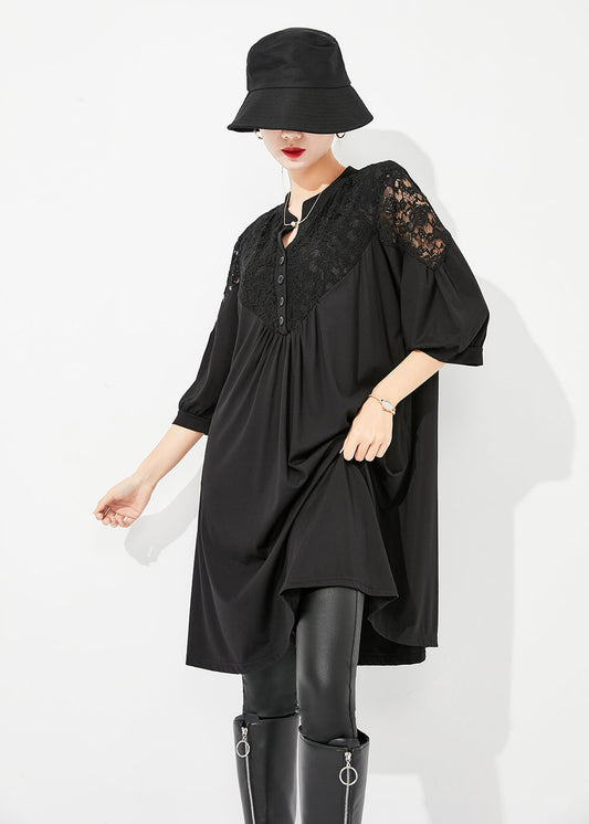 Art Black Lace Patchwork Hollow Out Robe en coton en froissé Malf manche