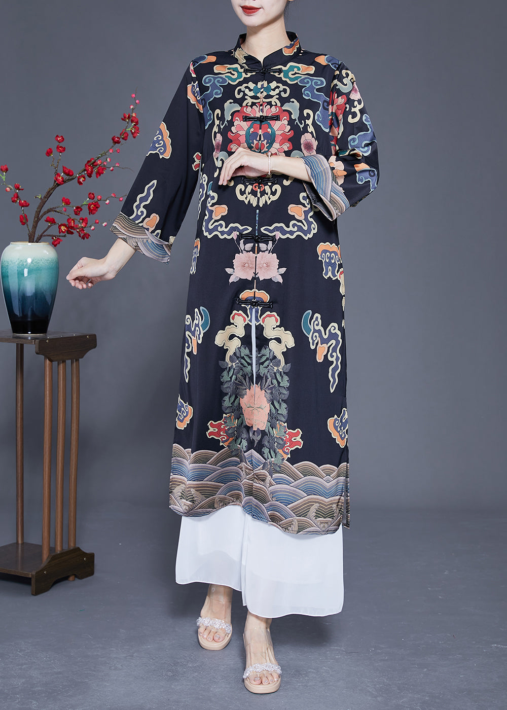 Art Black Mandarin Collar chinois Button Print Trench Coats Spring