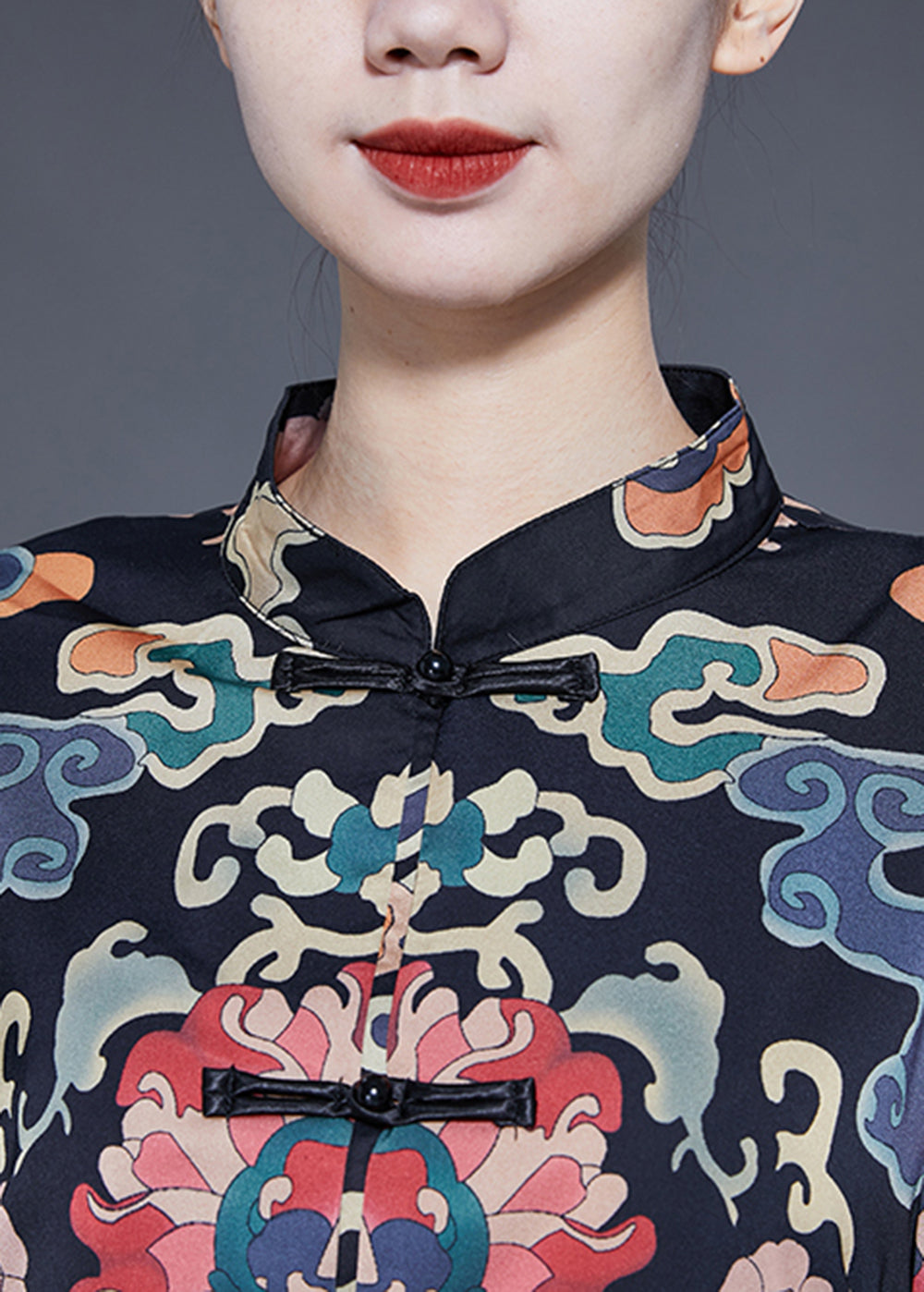 Art Black Mandarin Collar chinois Button Print Trench Coats Spring