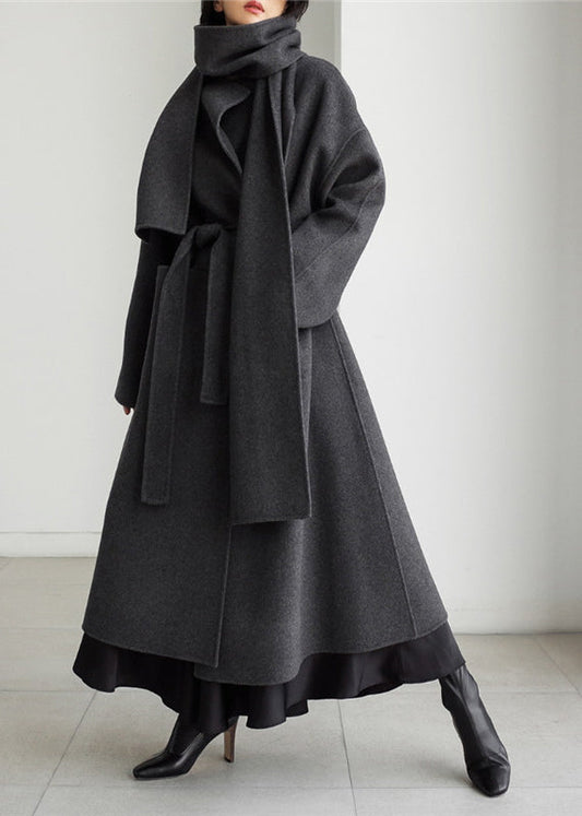 Art Black Notched Pockets Coats en laine à manches longues