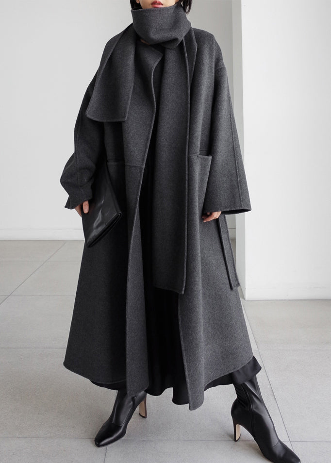 Art Black Notched Pockets Coats en laine à manches longues