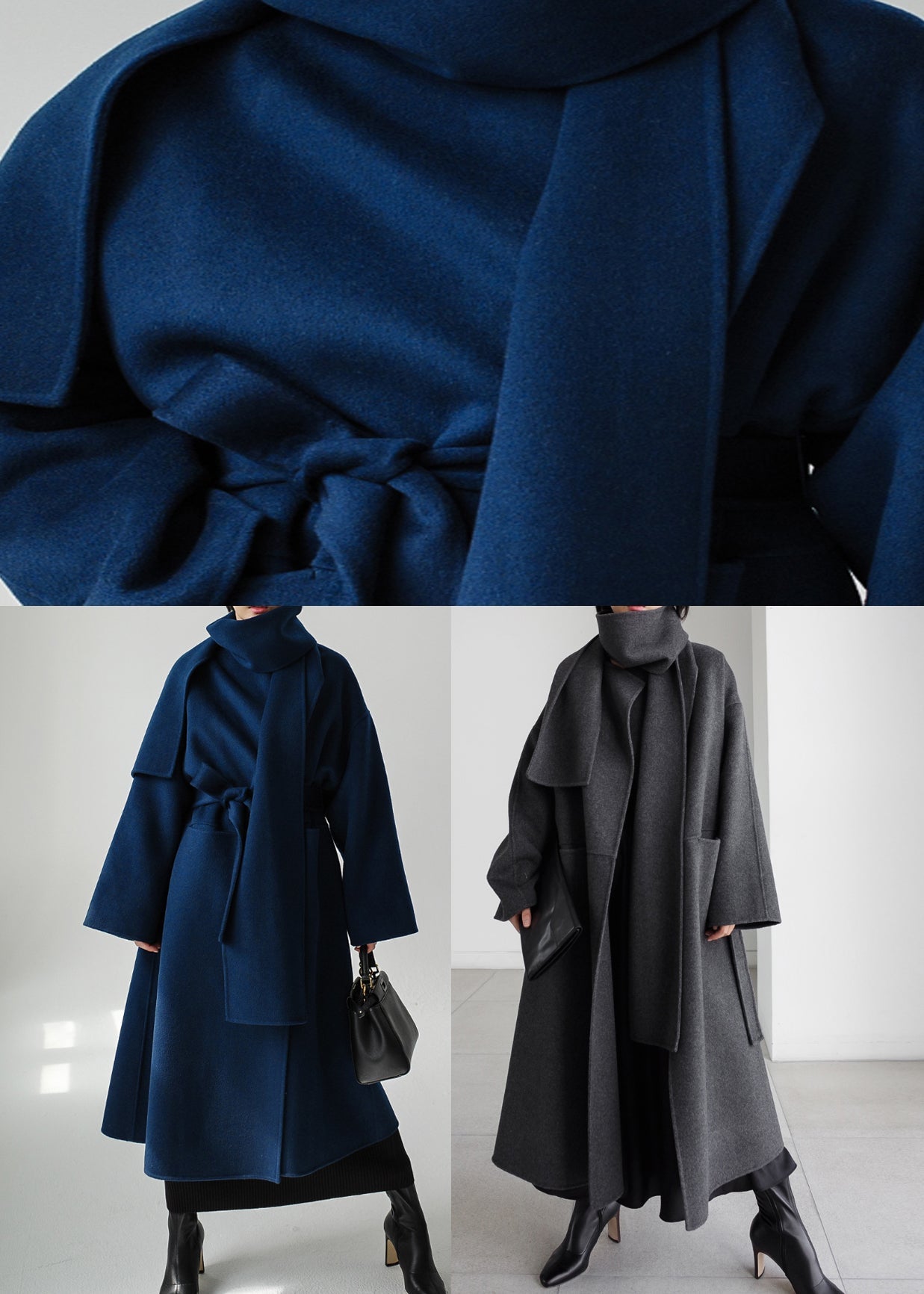 Art Black Notched Pockets Coats en laine à manches longues