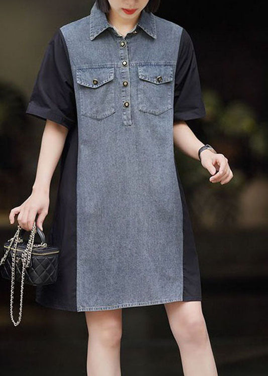 Art Black Peter Pan Collar Denim Patchwork Robes de coton Summer