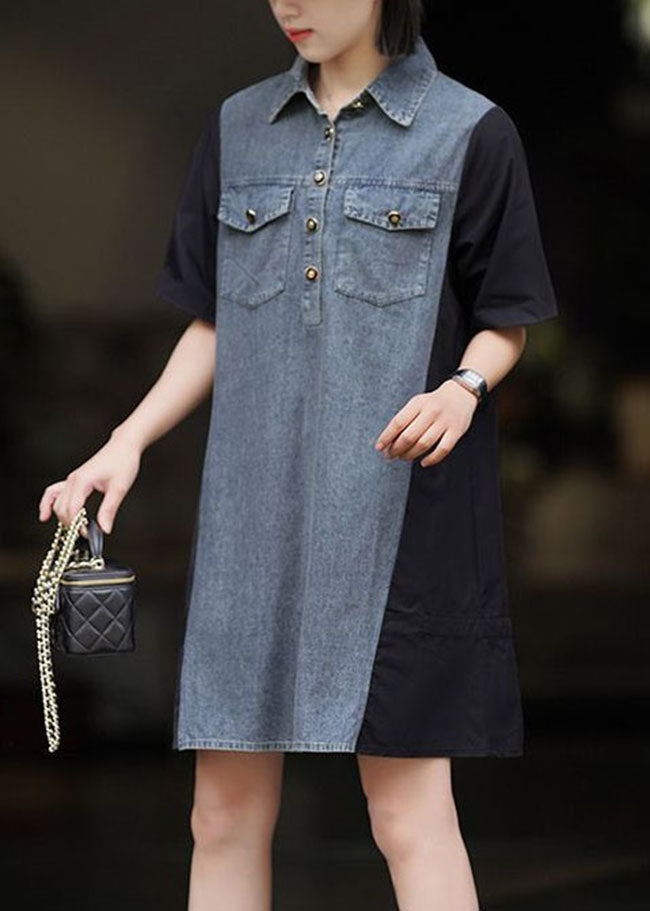 Art Black Peter Pan Collar Denim Patchwork Cotton Dresses Summer