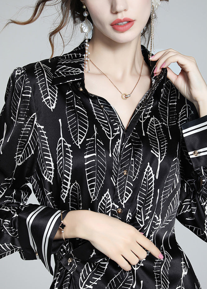 Art Black Peter Pan Collar Print Button Shirts en soie à manches longues