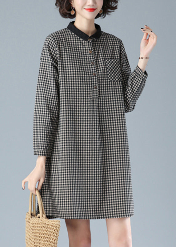 Art Black Plaid Peter Pan Collar bouton Coton Robe Mid Fall