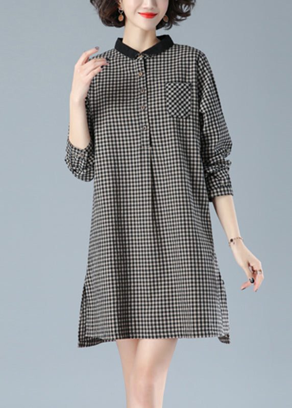 Art Black Plaid Peter Pan Collar bouton Coton Robe Mid Fall