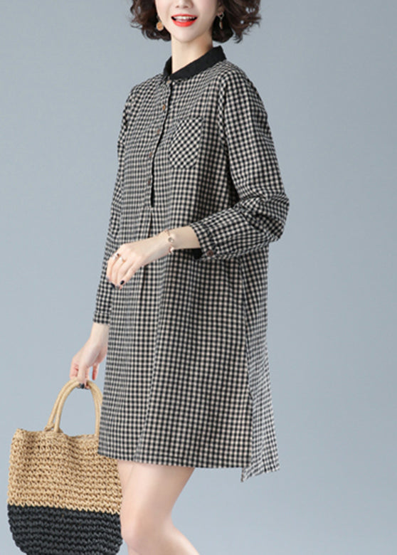 Art Black Plaid Peter Pan Collar bouton Coton Robe Mid Fall