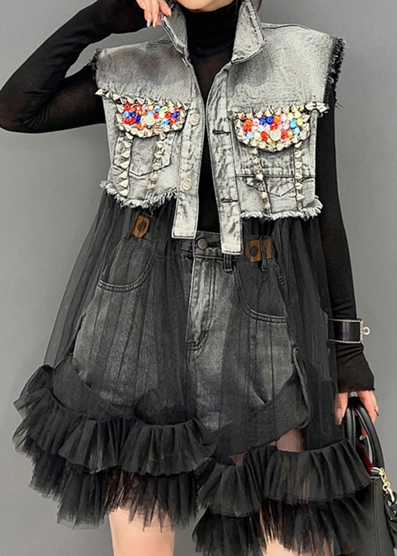 Art Black Stand Collar Tulle Patchwork Denim Mid Dress Long Sleeve