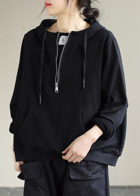 Art Black Top Silhouette Hooded Cinched Baggy Spring Top - SooLinen