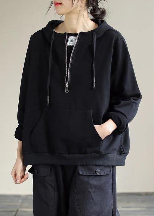 Art Black Top Silhouette Hooded Cinched Baggy Spring Top - SooLinen